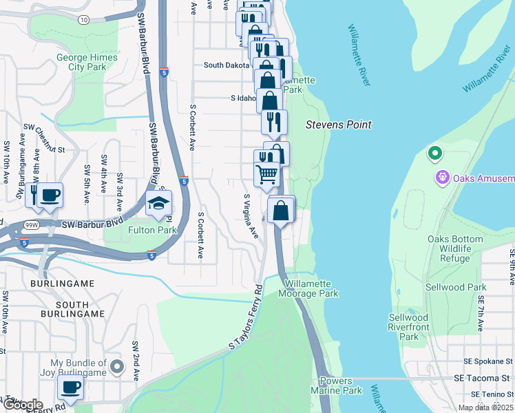 map of restaurants, bars, coffee shops, grocery stores, and more near 606 South Nevada Street in Portland