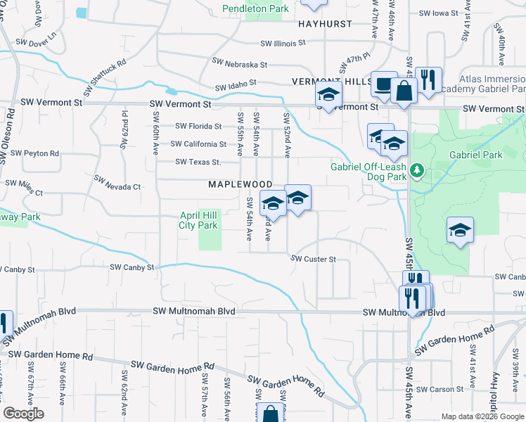 map of restaurants, bars, coffee shops, grocery stores, and more near 7230 Southwest 53rd Avenue in Portland
