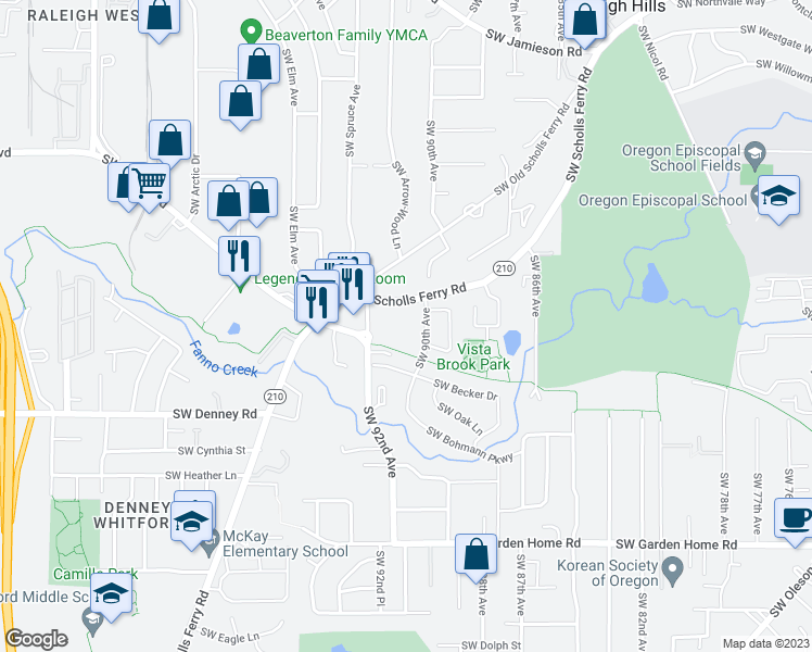map of restaurants, bars, coffee shops, grocery stores, and more near 6505 Oregon 210 in Portland