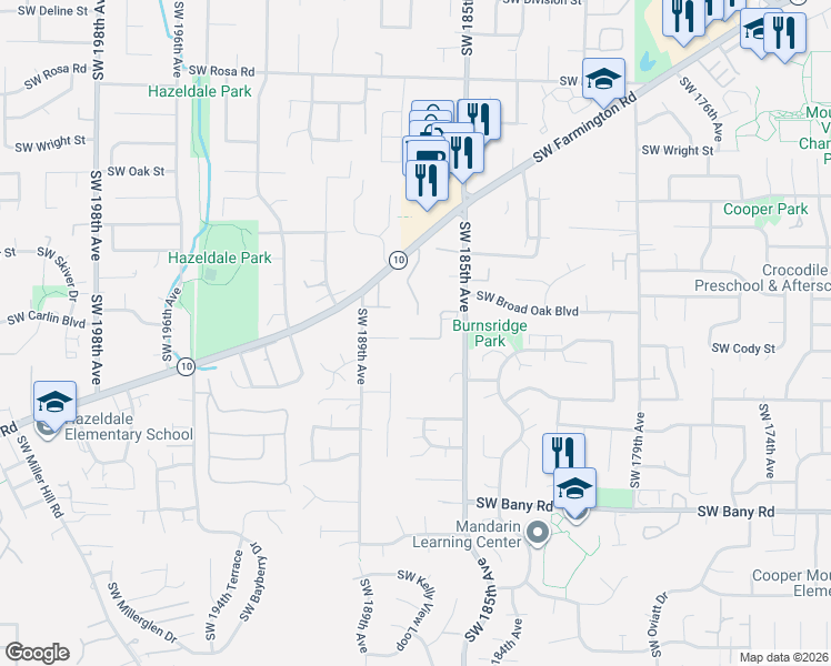 map of restaurants, bars, coffee shops, grocery stores, and more near 18700 Southwest Farmington Road in Beaverton