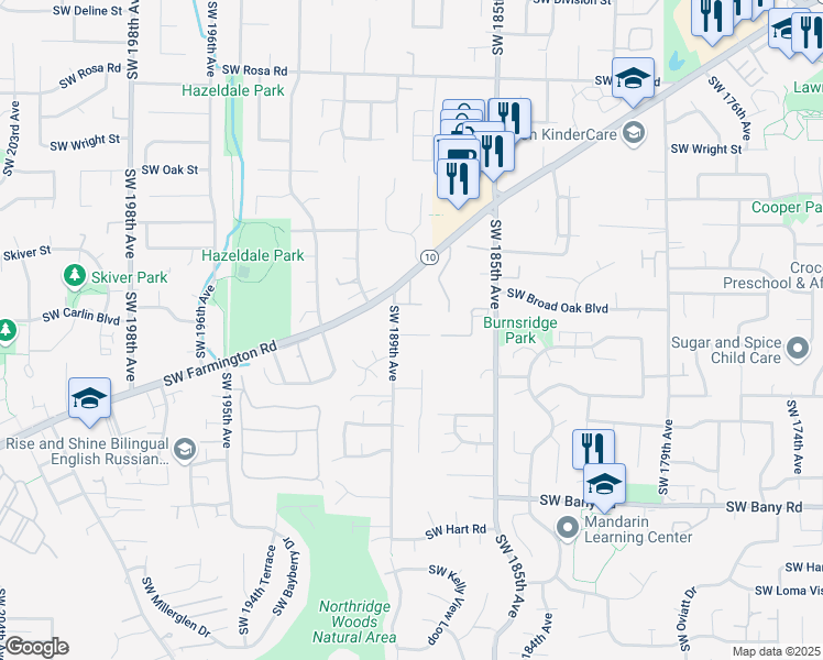 map of restaurants, bars, coffee shops, grocery stores, and more near 42 Southwest 189th Avenue in Beaverton