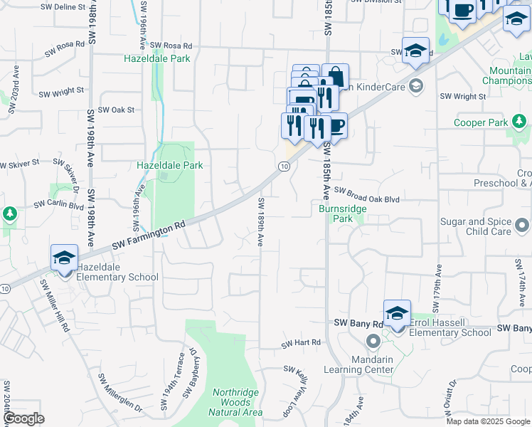 map of restaurants, bars, coffee shops, grocery stores, and more near 42 Southwest 189th Avenue in Beaverton