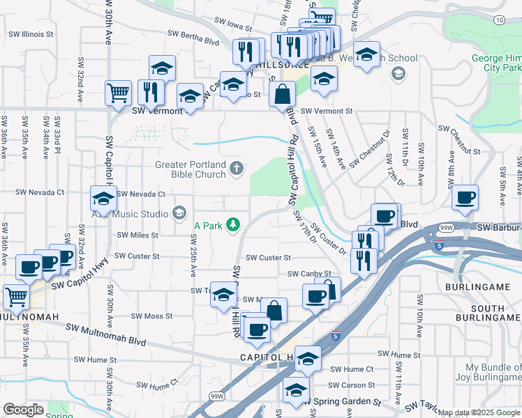 map of restaurants, bars, coffee shops, grocery stores, and more near 7321 Southwest Capitol Hill Road in Portland