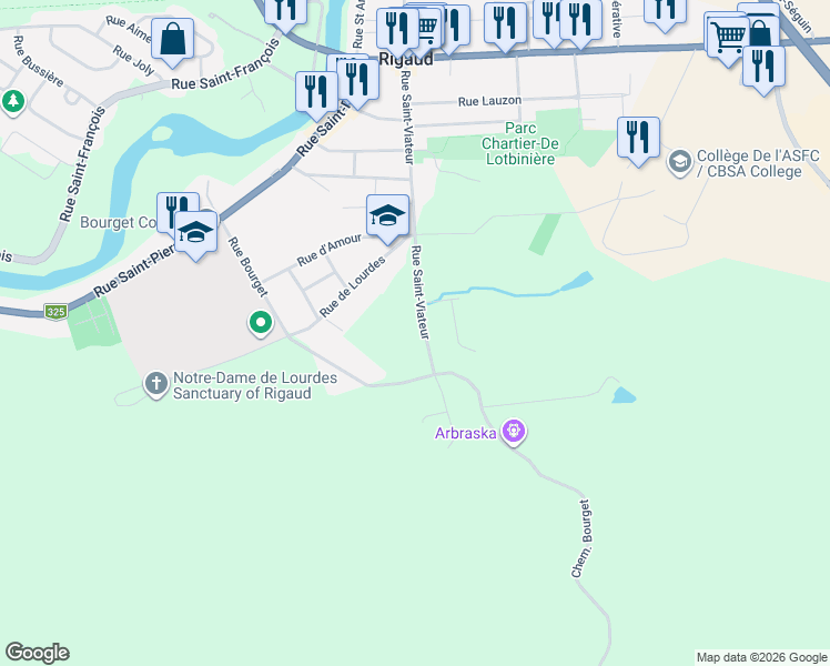 map of restaurants, bars, coffee shops, grocery stores, and more near 26 Rue Saint-Viateur in Rigaud