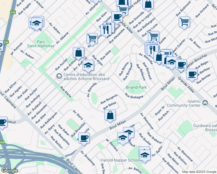 map of restaurants, bars, coffee shops, grocery stores, and more near 6025 Rue Brodeur in Brossard