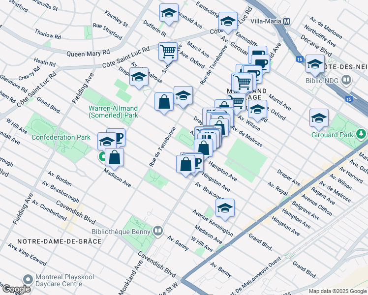 map of restaurants, bars, coffee shops, grocery stores, and more near 4380 Avenue de Hampton in Montréal