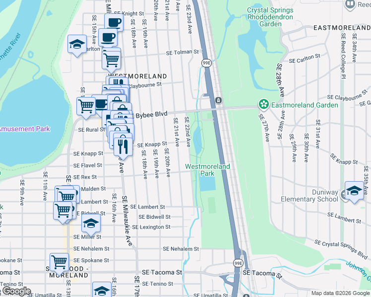 map of restaurants, bars, coffee shops, grocery stores, and more near 7325 Southeast 22nd Avenue in Portland