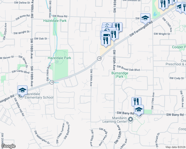 map of restaurants, bars, coffee shops, grocery stores, and more near 18875 Southwest Mayjohn Court in Beaverton
