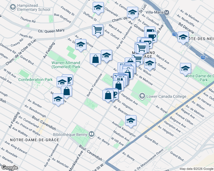 map of restaurants, bars, coffee shops, grocery stores, and more near 4380 Avenue de Hampton in Montréal