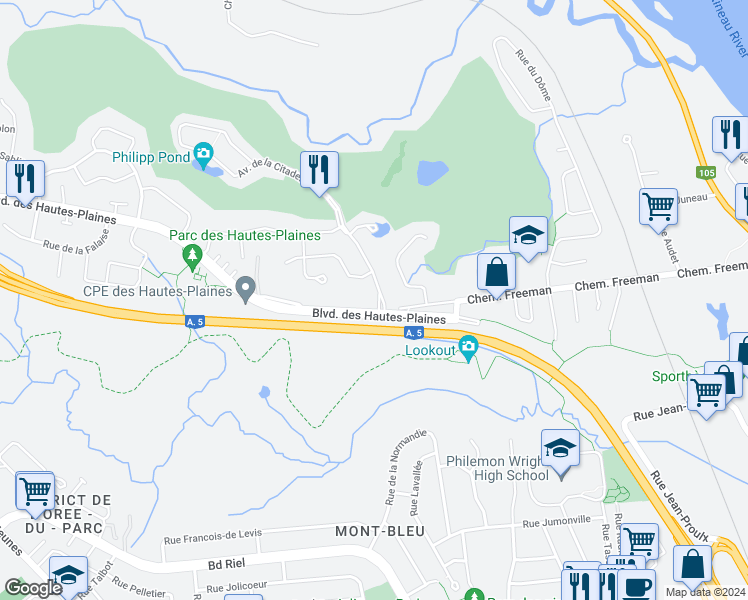 map of restaurants, bars, coffee shops, grocery stores, and more near 1 Avenue de la Citadelle in Gatineau