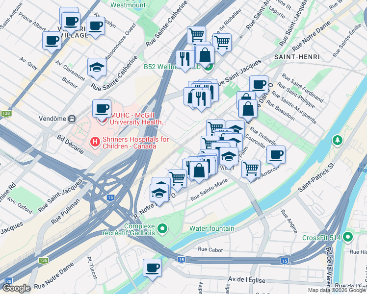 map of restaurants, bars, coffee shops, grocery stores, and more near 711 Rue Saint Rémi in Montréal