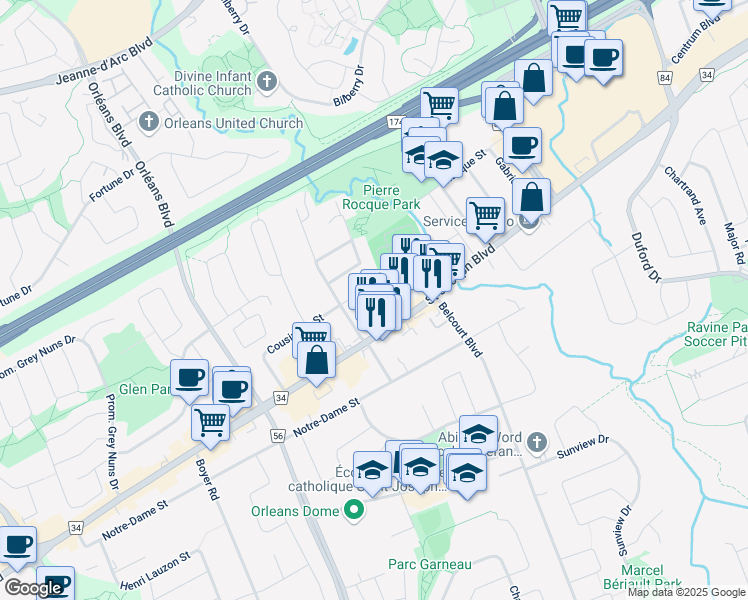map of restaurants, bars, coffee shops, grocery stores, and more near in Ottawa