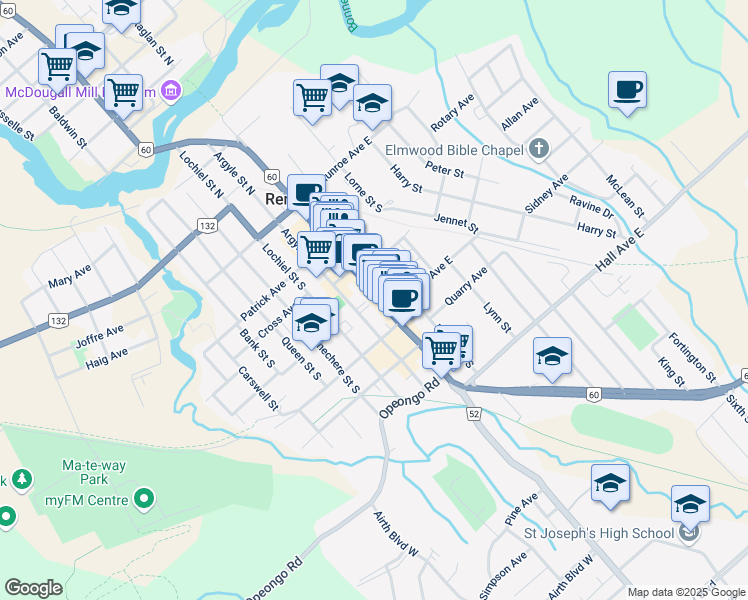 map of restaurants, bars, coffee shops, grocery stores, and more near 13 Railway Avenue in Renfrew
