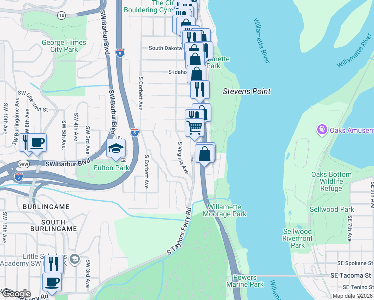 map of restaurants, bars, coffee shops, grocery stores, and more near 614 South Nevada Street in Portland