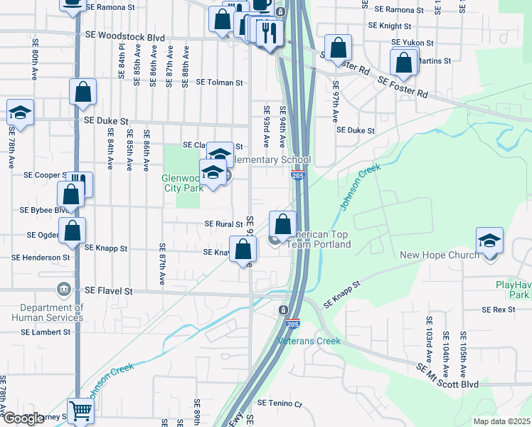 map of restaurants, bars, coffee shops, grocery stores, and more near 6844 Southeast 92nd Avenue in Portland