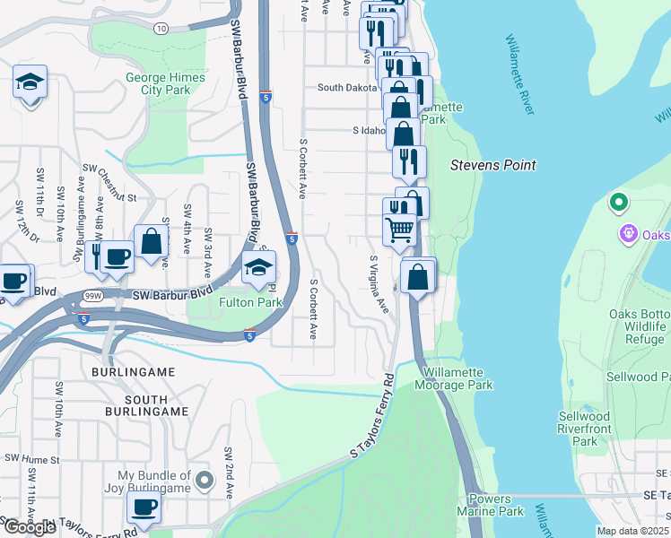 map of restaurants, bars, coffee shops, grocery stores, and more near 7175 South Laview Drive in Portland