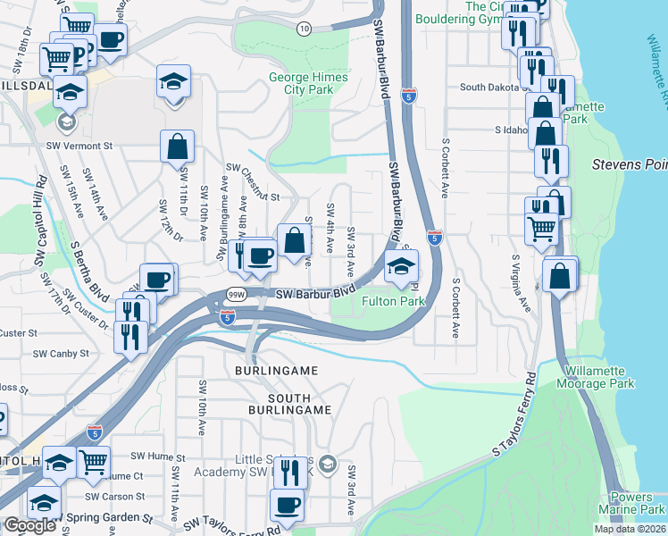 map of restaurants, bars, coffee shops, grocery stores, and more near 315 Southwest Nevada Court in Portland