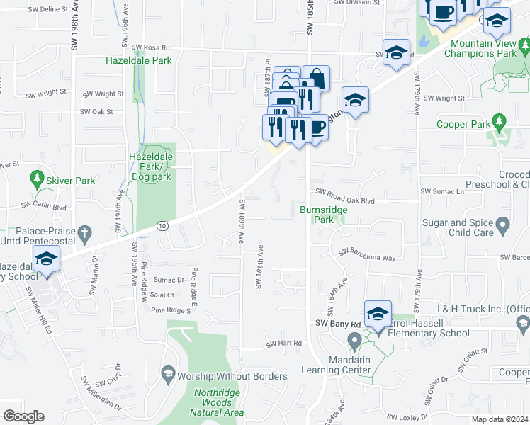 map of restaurants, bars, coffee shops, grocery stores, and more near 18700 Southwest Farmington Road in Beaverton