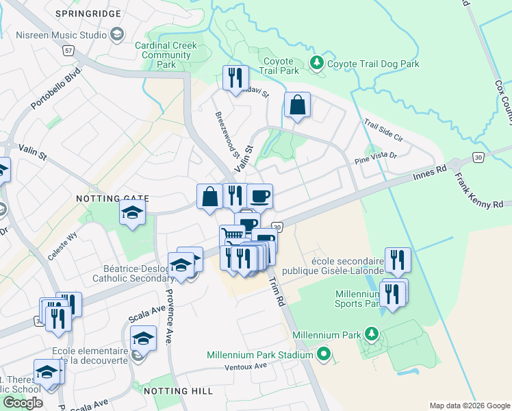 map of restaurants, bars, coffee shops, grocery stores, and more near 100 Briargate Private in Ottawa