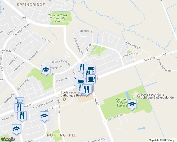 map of restaurants, bars, coffee shops, grocery stores, and more near 22 Briargate Private in Ottawa