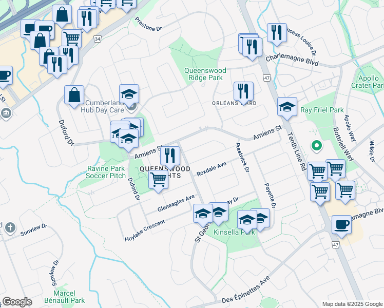 map of restaurants, bars, coffee shops, grocery stores, and more near 1493 Saint Georges Street in Ottawa