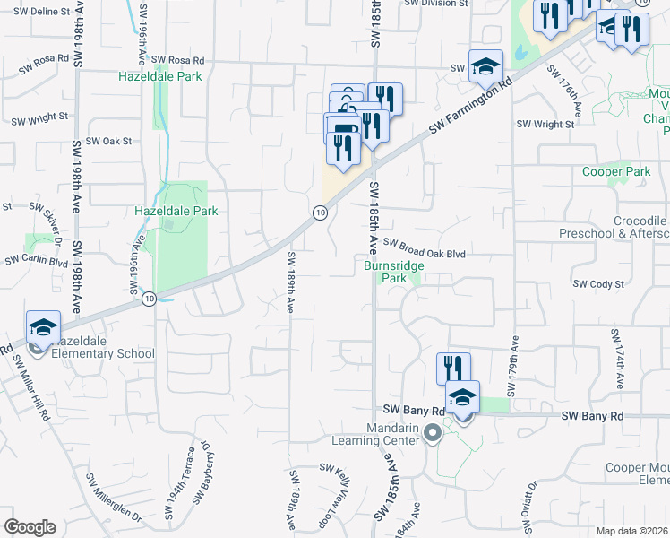 map of restaurants, bars, coffee shops, grocery stores, and more near 18700 Southwest Farmington Road in Beaverton