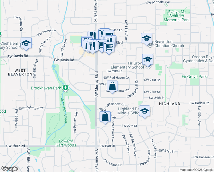 map of restaurants, bars, coffee shops, grocery stores, and more near 14350 Southwest 22nd Street in Beaverton