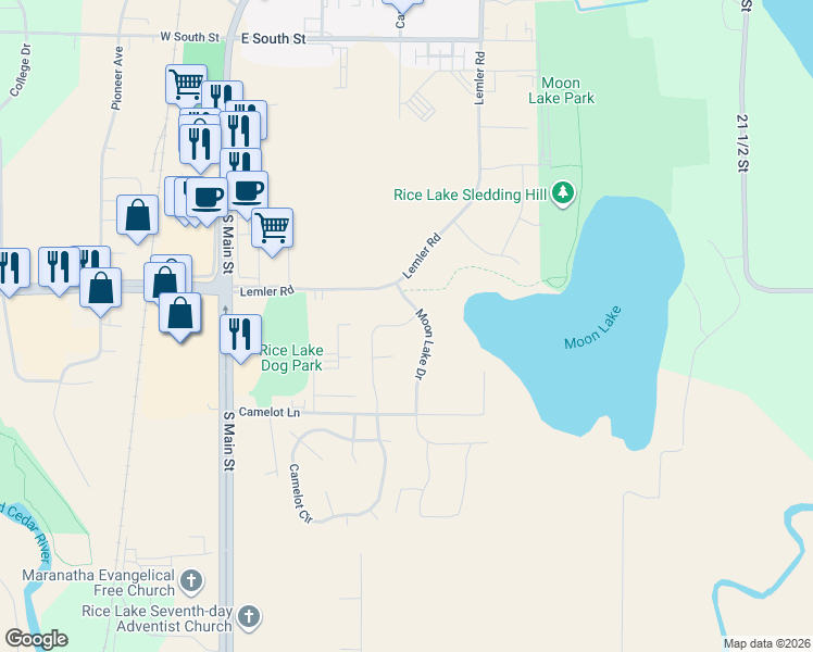 map of restaurants, bars, coffee shops, grocery stores, and more near 32 Camelot Lane in Rice Lake