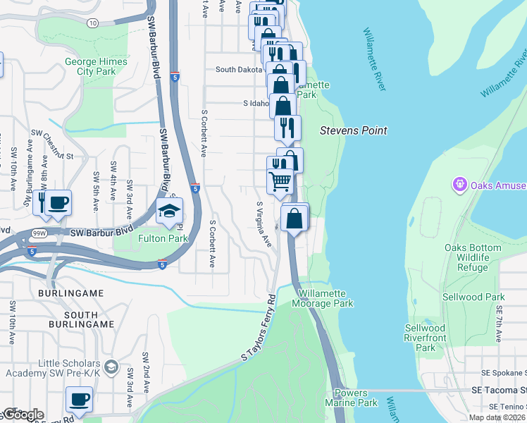 map of restaurants, bars, coffee shops, grocery stores, and more near 7230 South Virginia Avenue in Portland