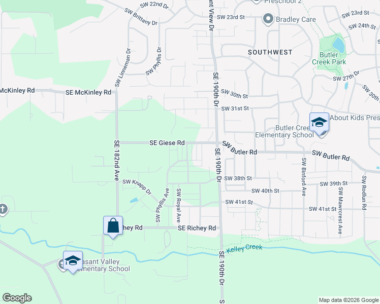 map of restaurants, bars, coffee shops, grocery stores, and more near 18857 Southeast Giese Road in Gresham
