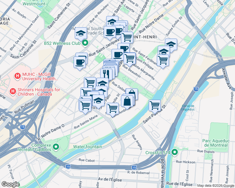 map of restaurants, bars, coffee shops, grocery stores, and more near 204 Rue de Courcelle in Montréal
