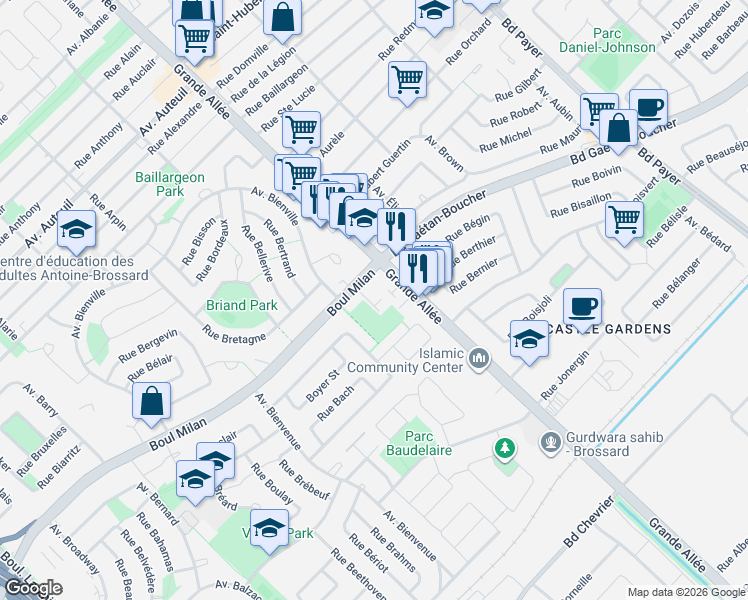 map of restaurants, bars, coffee shops, grocery stores, and more near 5377 Boulevard Milan in Brossard