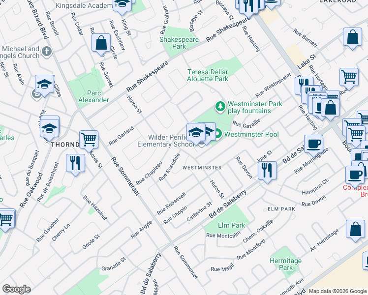 map of restaurants, bars, coffee shops, grocery stores, and more near 63 Rue Huron in Dollard-des-Ormeaux