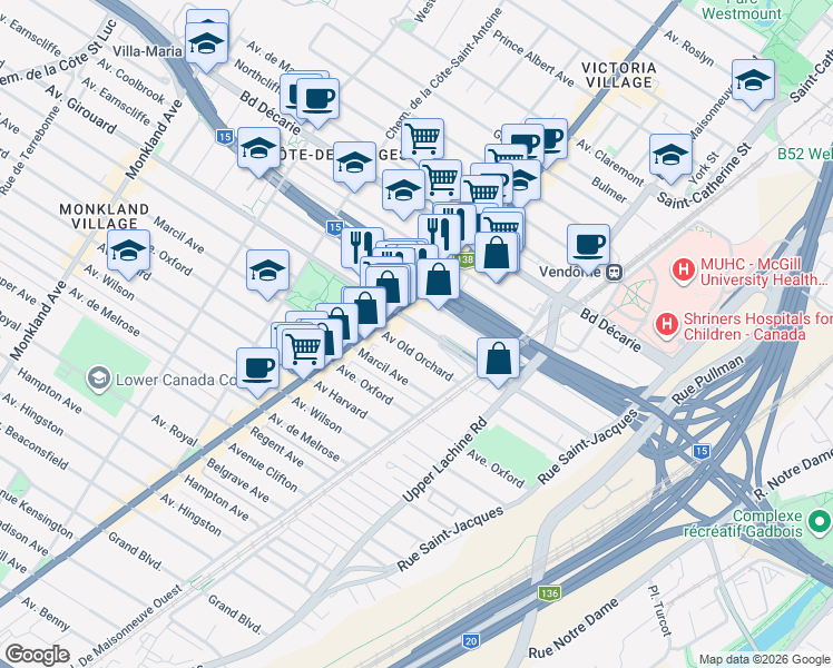 map of restaurants, bars, coffee shops, grocery stores, and more near 2250 Avenue Girouard in Montréal