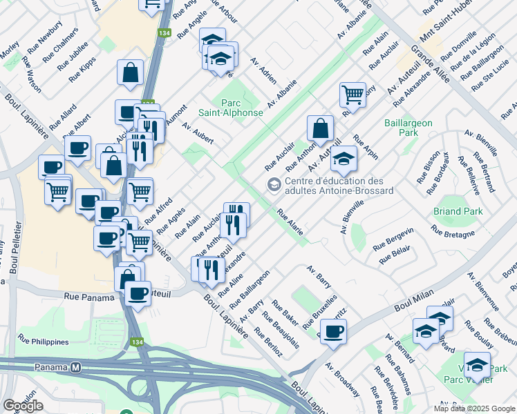map of restaurants, bars, coffee shops, grocery stores, and more near 5900 Rue Anthony in Brossard