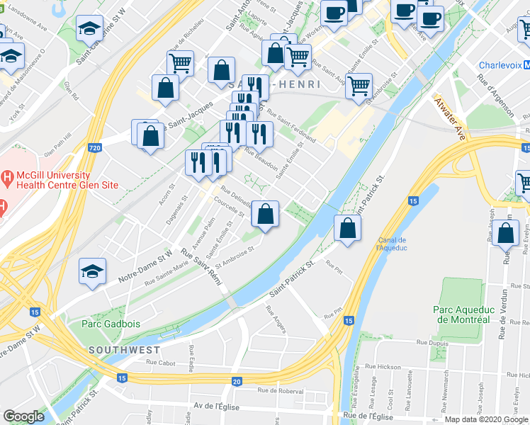 map of restaurants, bars, coffee shops, grocery stores, and more near 113 Rue Delinelle in Montréal