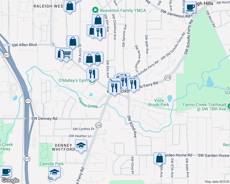 map of restaurants, bars, coffee shops, grocery stores, and more near SW Scholls Ferry Rd & SW Allen Blvd in Beaverton
