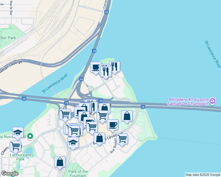 map of restaurants, bars, coffee shops, grocery stores, and more near 201 Rue Jacques-le Ber in Montréal