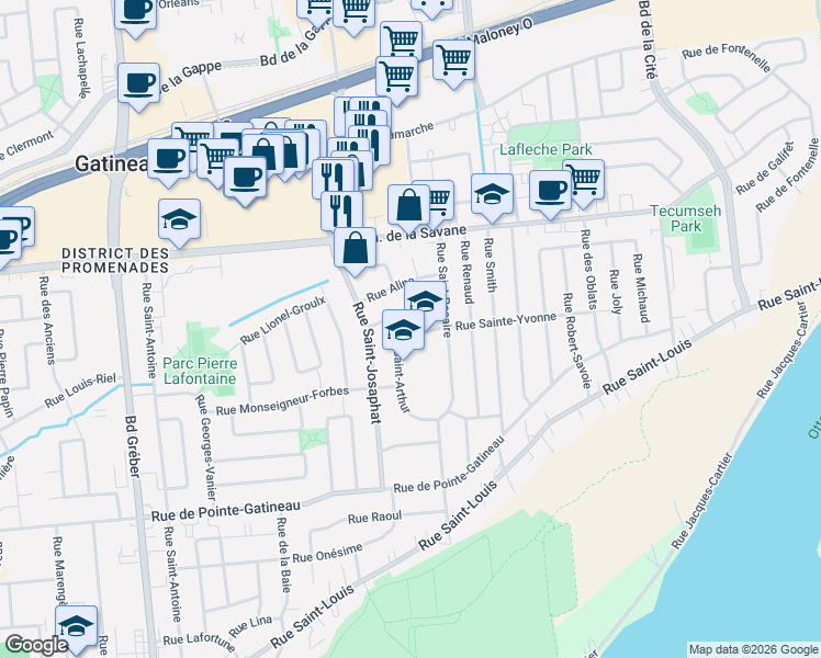 map of restaurants, bars, coffee shops, grocery stores, and more near 6 Rue Sainte-Yvonne in Gatineau