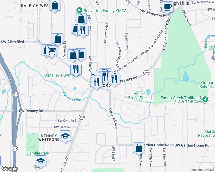 map of restaurants, bars, coffee shops, grocery stores, and more near 9225 Southwest Allen Boulevard in Portland
