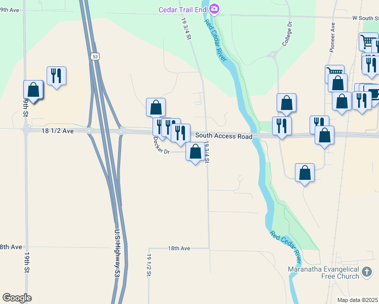 map of restaurants, bars, coffee shops, grocery stores, and more near 2960 Decker Drive in Rice Lake
