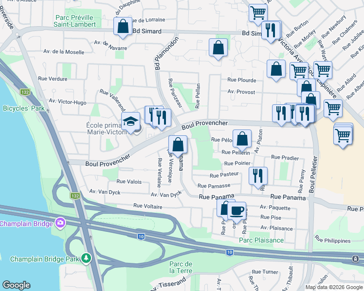 map of restaurants, bars, coffee shops, grocery stores, and more near 5835 Avenue Panama in Brossard