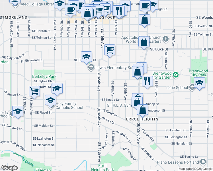 map of restaurants, bars, coffee shops, grocery stores, and more near 7005 Southeast 48th Avenue in Portland