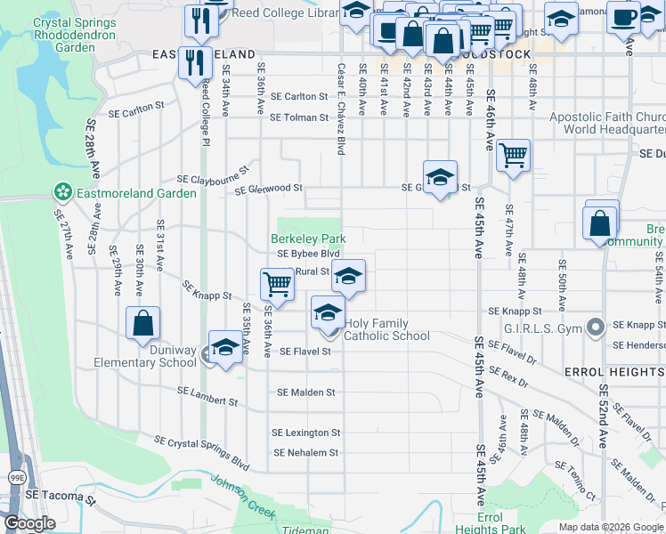map of restaurants, bars, coffee shops, grocery stores, and more near 3729 Southeast Bybee Boulevard in Portland