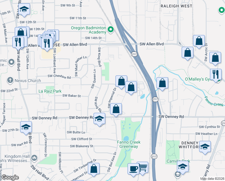 map of restaurants, bars, coffee shops, grocery stores, and more near 6600 Southwest Imperial Drive in Beaverton