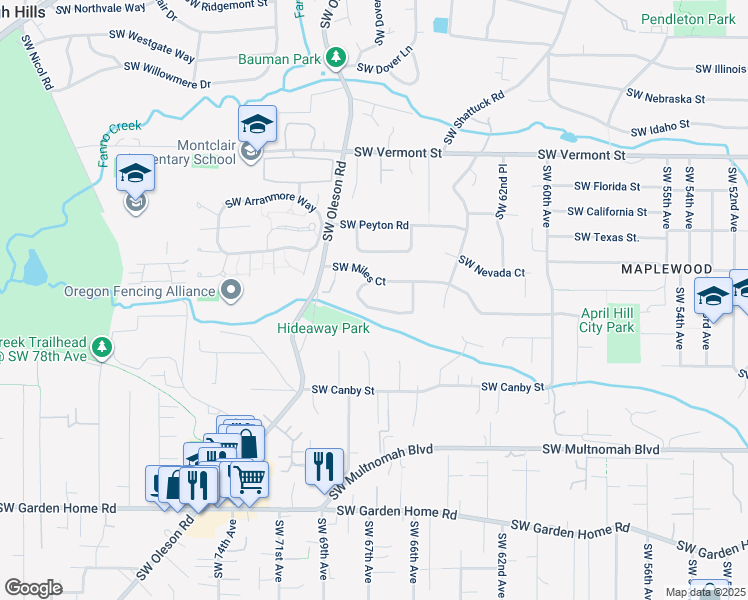 map of restaurants, bars, coffee shops, grocery stores, and more near 6653 Southwest Hickman Lane in Portland