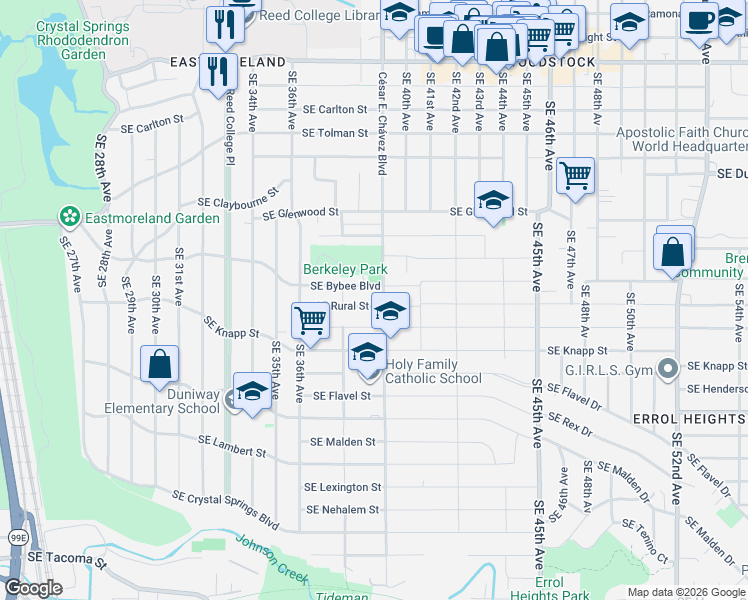map of restaurants, bars, coffee shops, grocery stores, and more near 3825 Southeast Rural Street in Portland