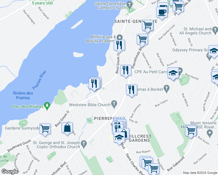 map of restaurants, bars, coffee shops, grocery stores, and more near 16804 Boulevard Gouin Ouest in Montréal