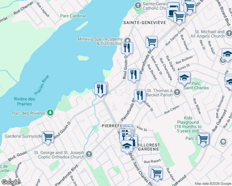 map of restaurants, bars, coffee shops, grocery stores, and more near 16804 Boulevard Gouin Ouest in Montréal