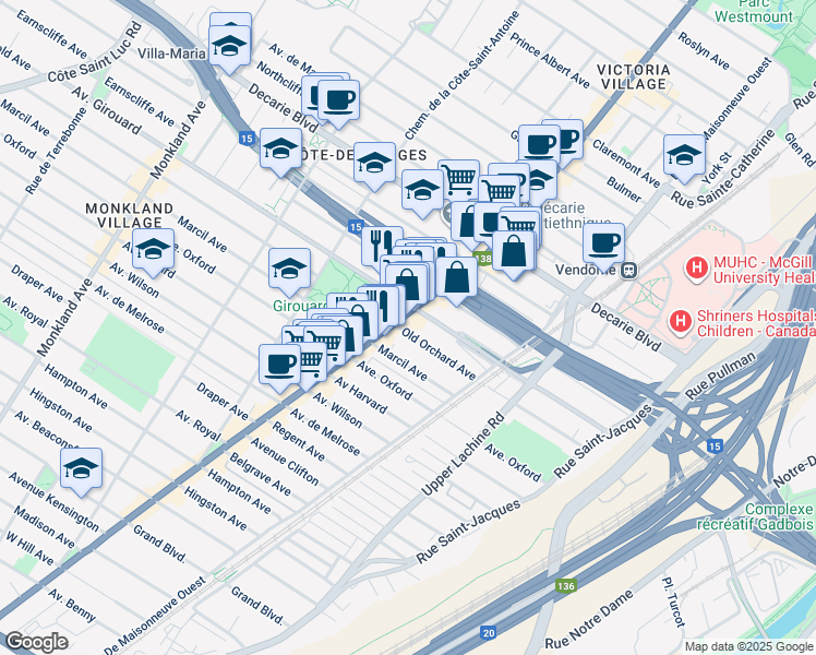 map of restaurants, bars, coffee shops, grocery stores, and more near 2287 Avenue Old Orchard in Montréal